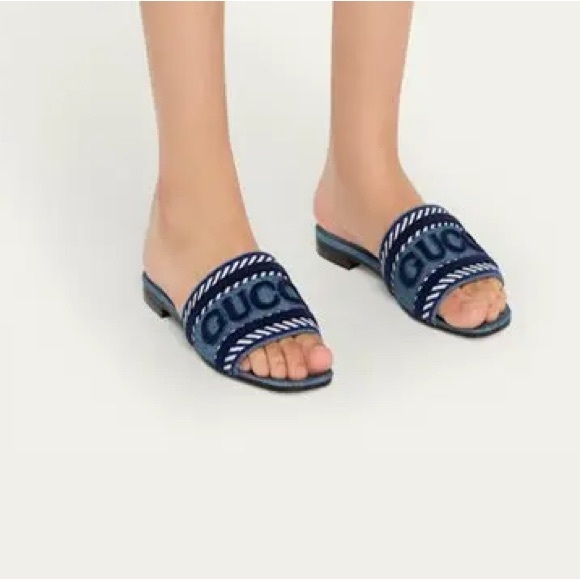New authentic Gucci Jane Slide denim Sandal size 37.5 - Picture 3 of 14
